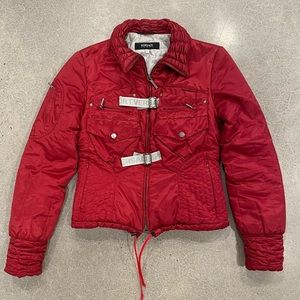 Red Versace sport ski jacket.